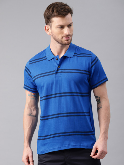 

Kryptic Men Blue Striped Polo T-shirt