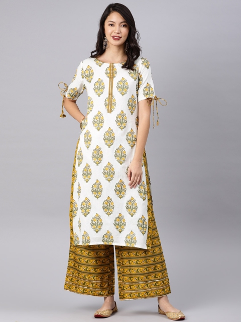 

Alena Women White & Mustard Yellow Printed Kurta With Palazzos