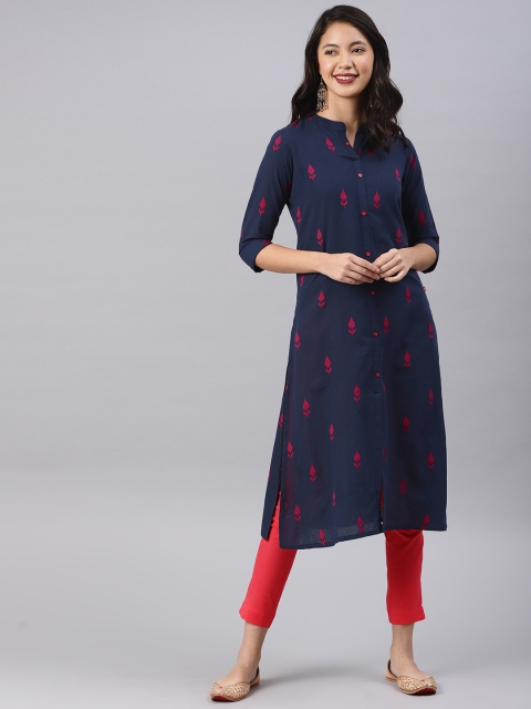 

Alena Women Navy Blue & Pink Woven Design Straight Kurta
