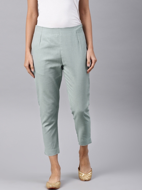 

Alena Women Blue Slim Fit Solid Cropped Cigarette Trousers