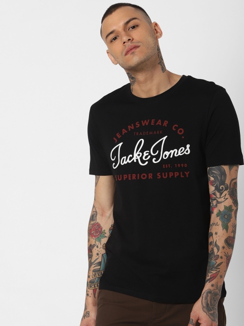 

Jack Jones Men Black Printed Round Neck Pure Cotton T-shirt