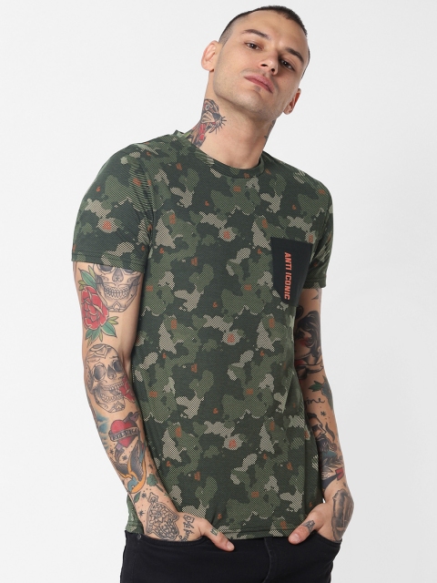 

Jack Jones Men Olive Green Beige Camouflage Printed Round Neck Pure Cotton T-shirt