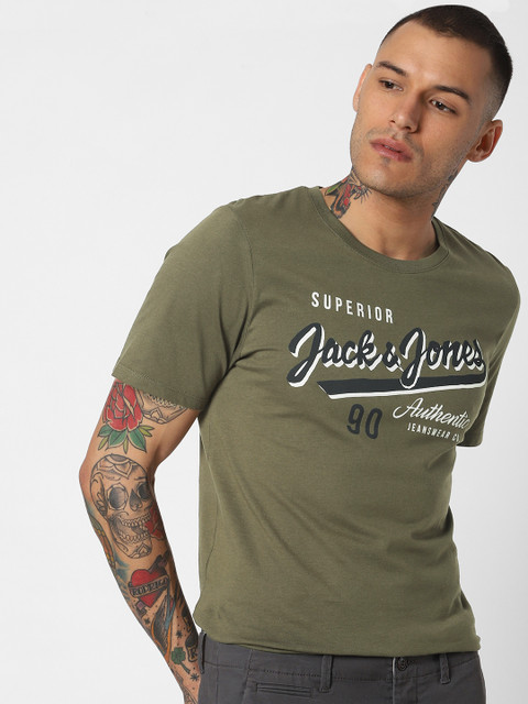 

Jack Jones Men Olive Green Printed Round Neck Pure Cotton T-shirt