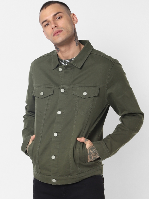 

Jack & Jones Men Olive Green Solid Denim Jacket