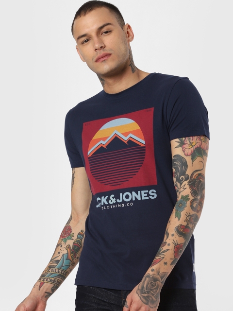 

Jack Jones Men Navy Blue Printed Round Neck Pure Cotton T-shirt