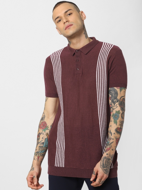 

Jack & Jones Men Brown & White Striped Slim Fit Polo Collar T-shirt