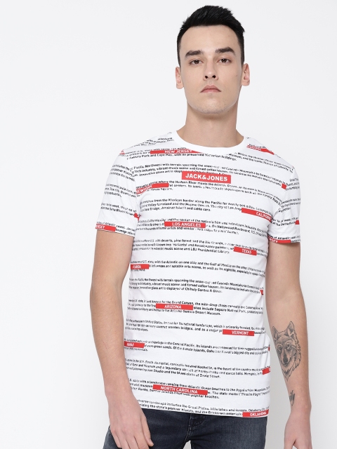 

Jack & Jones Men White & Black Printed Round Neck T-shirt