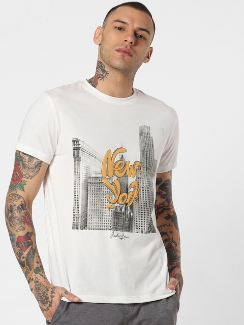 

Jack Jones Men White Printed Slim Fit Round Neck Pure Cotton T-shirt