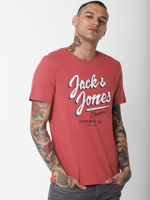 

Jack & Jones Men Red Printed Round Neck Pure Cotton T-shirt