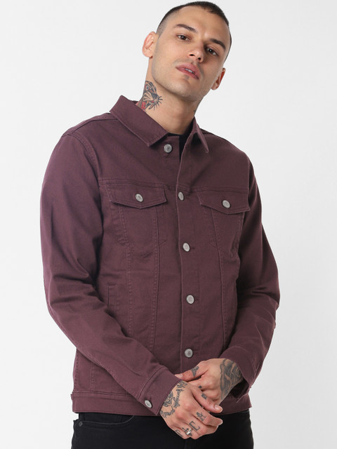

Jack & Jones Men Maroon Solid Denim Jacket