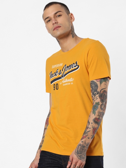 

Jack Jones Men Mustard Yellow Printed Round Neck Pure Cotton T-shirt