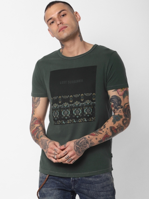 

Jack Jones Men Olive Green Printed Round Neck Pure Cotton T-shirt