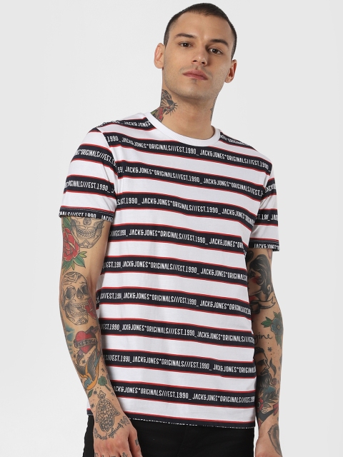 

Jack & Jones Men White & Navy Blue Striped Slim Fit Round Neck T-shirt