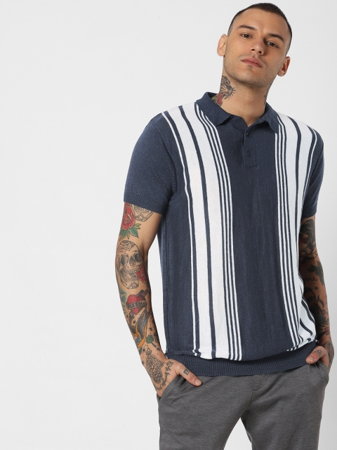 

Jack & Jones Men Navy Blue & White Striped Slim Fit Polo Collar T-shirt