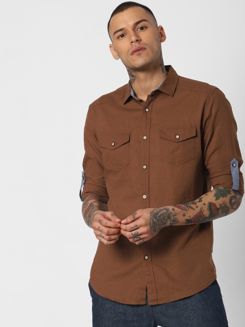 

Jack & Jones Men Linen Brown Slim Fit Solid Casual Shirt