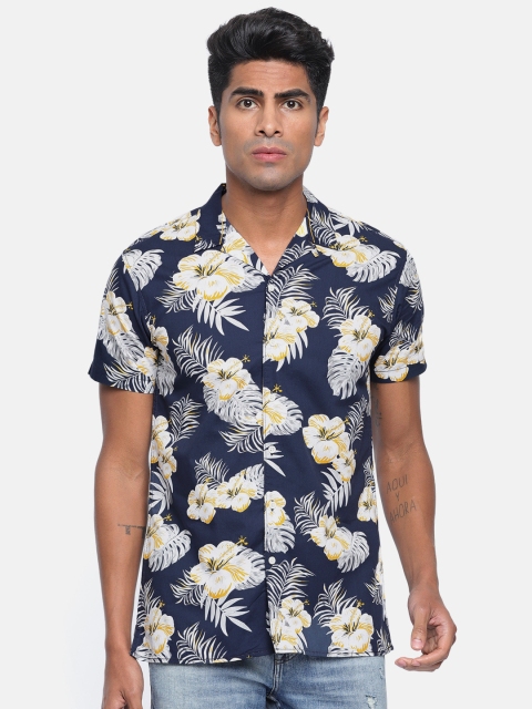 

Jack & Jones Men Navy Blue & Yellow Slim Fit Printed Casual Shirt