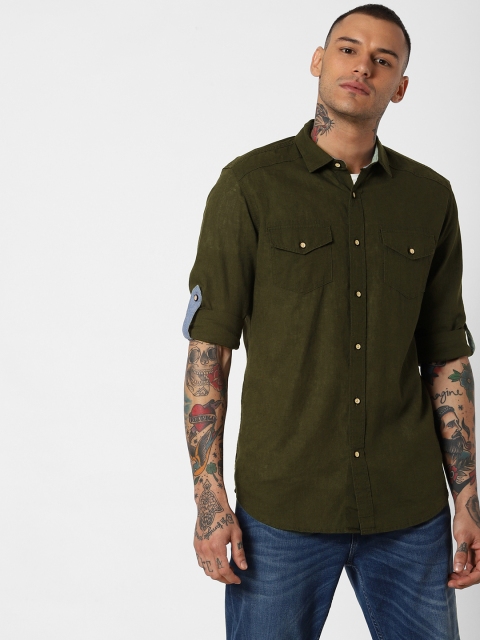 

Jack & Jones Men Olive Green Slim Fit Solid Casual Shirt