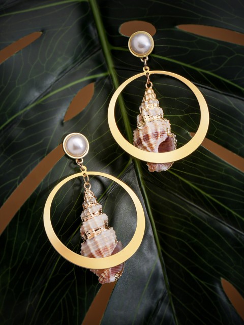 

justpeachy Gold-Toned & Beige Circular Drop Earrings