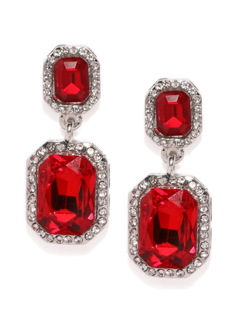 

justpeachy Red & Silver-Toned Geometric Drop Earrings