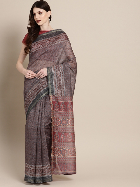 

Inddus Maroon & Blue Cotton Blend Printed Chanderi Cotton Blend Saree