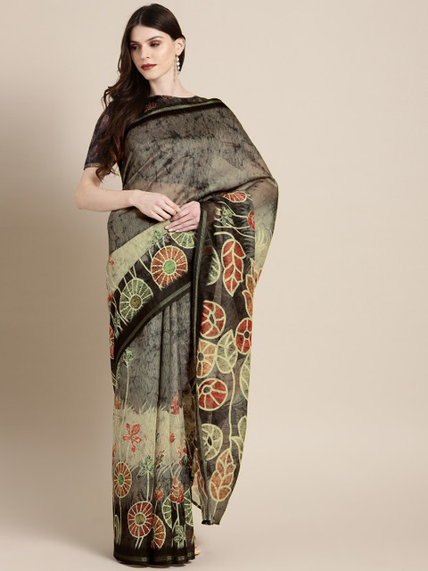 

Inddus Black & Beige Cotton Blend Printed Chanderi Saree
