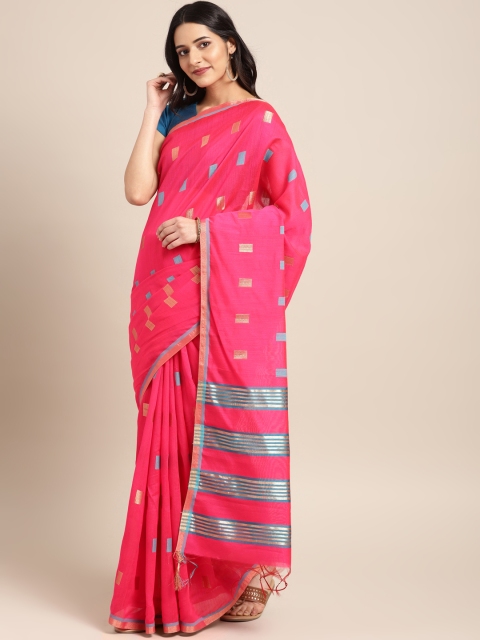 

Inddus Pink & Blue Cotton Blend Woven Design Chanderi Saree