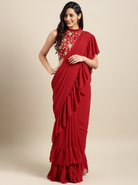 

Inddus Maroon Solid Poly Georgette Saree