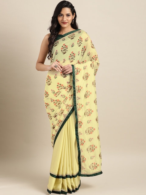 

Inddus Yellow & Green Organza Printed Banarasi Saree