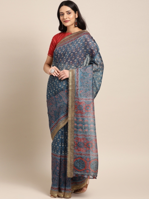 

Inddus Blue & Red Cotton Blend Printed Chanderi Saree