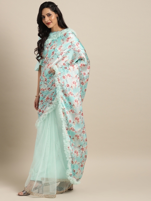 

Inddus Sea Green Printed Satin Ruffle Saree