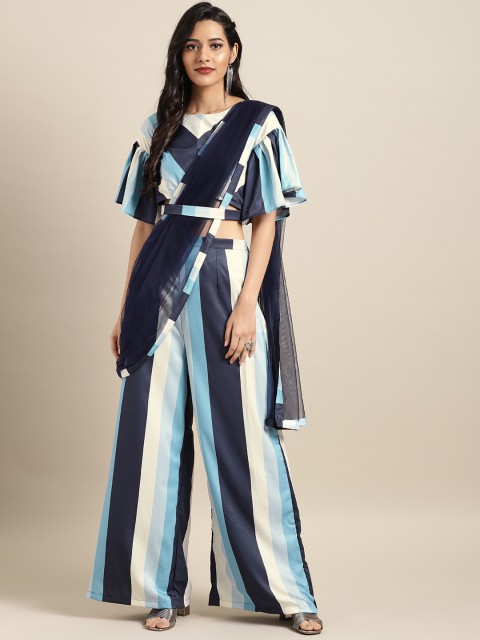 

Inddus Navy Blue Striped Net Striped Palazzo Saree