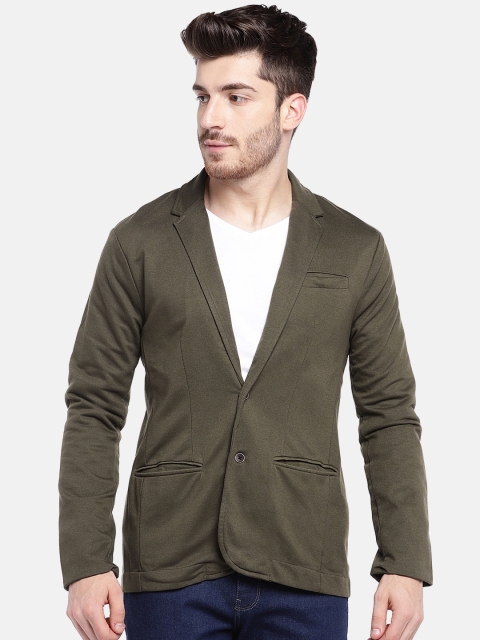 

YWC Men Olive Green Solid Casual Single Breasted Blazer