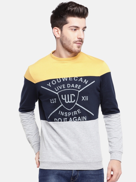 

YWC Men Mustard Yellow & Navy Blue Colourblocked Sweatshirt