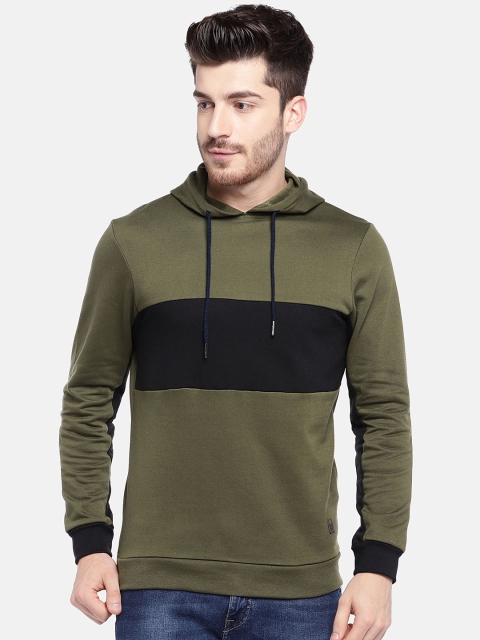 

YWC Men Olive Green & Black Colourblocked Hooded Sweatshirt