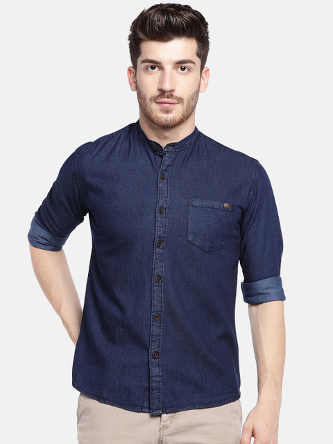 

YWC Men Navy Blue Regular Fit Denim Solid Casual Shirt