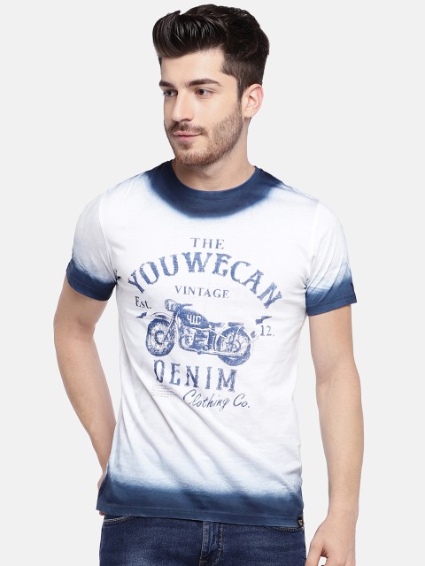 

YWC Men White & Blue Printed Round Neck T-shirt