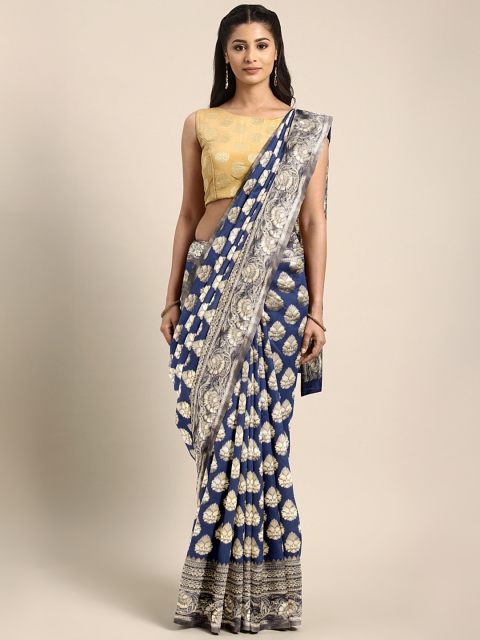 

Triveni Women Navy Blue & Gold-Coloured Woven Design Poly Crepe Saree