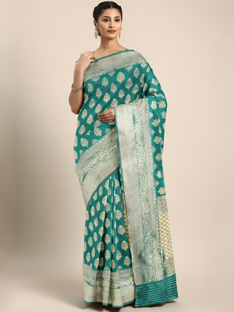 

Triveni Women Teal Green & Gold-Coloured Poly Crepe Woven Design Saree