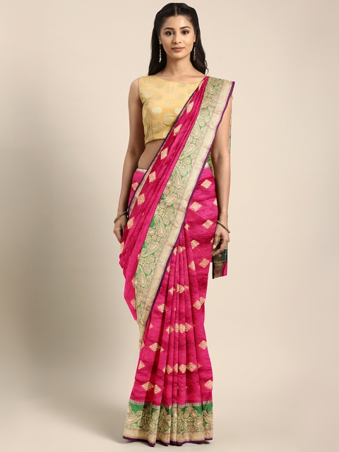 

Triveni Women Pink & Green Silk Blend Woven Design Saree