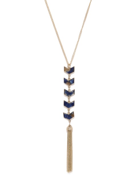 

Blisscovered Gold-Toned & Navy Blue Artistic Shaped Tasselled Pendant With Chain