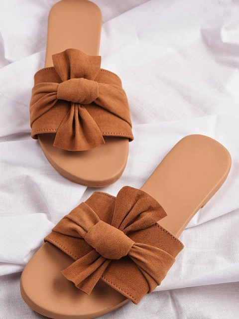 

Street Style Store Women Tan Brown Solid Open Toe Flats with Bow Detail