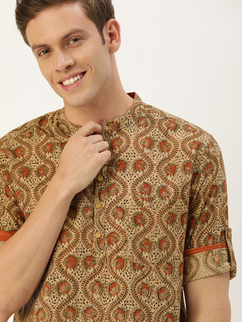 

Taavi Men Beige & Rust Orange Kalamkari Block Printed Straight Sustainable Kurta with Roll-Up Sleeves