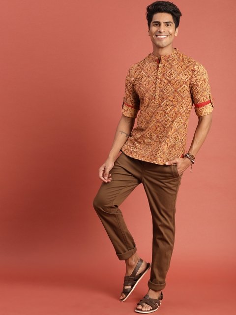 Men Mustard Yellow Kalamkari Block Printed Straight Sustainable Kurta with Roll-Up Sleeves