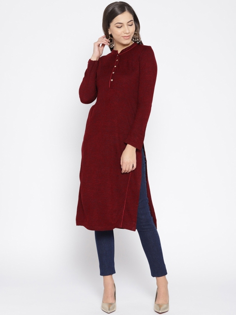 

AURELIA Women Maroon Solid Knitted Winter Straight Kurta