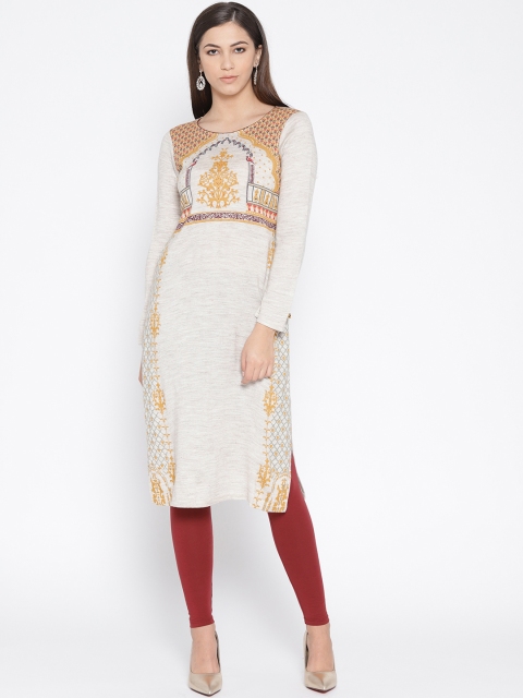 

AURELIA Women Off-White & Mustard Yellow Printed Knitted Winter Straight Kurta