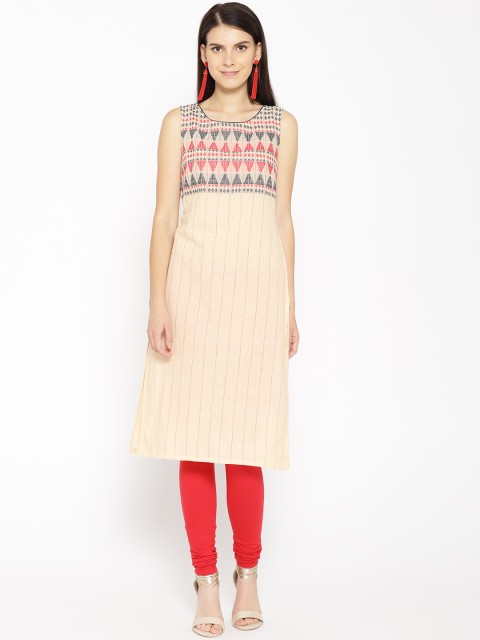 

AURELIA Women Cream-Coloured & Red Striped Straight Kurta