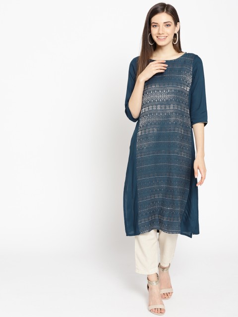

AURELIA Women Teal Blue & Golden Woven Design Straight Kurta