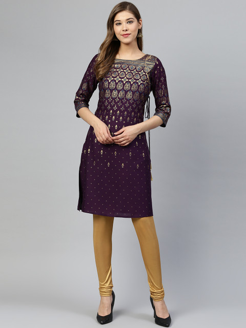 

AURELIA Women Purple & Golden Printed Straight Angrakha Kurta