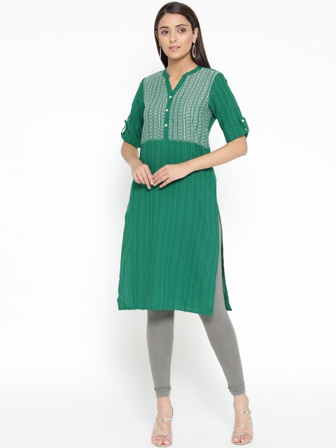

AURELIA Women Green & White Yoke Design Straight Kurta