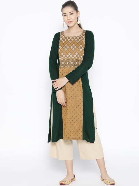 

AURELIA Women Green & Mustard Printed Straight Kurta